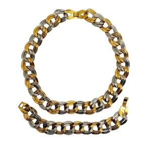 Two Tone Necklace & Bracelet Set Gold Silver Tone Double Curb Chain Vintage 80s